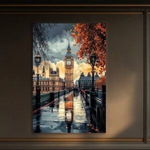 Elizabeth Tower, torre dell'orologio del Palazzo di Westminster, stampa su tela. Vintage Rainy London, Big Ben, poster. Paesaggio urbano autunnale, Gran Bretagna