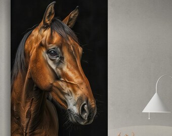 May include: A close-up portrait of a brown horse with a black mane and tail. The horse's head is turned to the side, and its eyes are looking directly at the camera. The background is black.