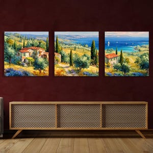 May include: A triptych of landscape paintings showing Italian villas and the Mediterranean coast. The artwork features vibrant colours, with lush greenery, blue skies, and the sea. The paintings are displayed above a wooden cabinet.