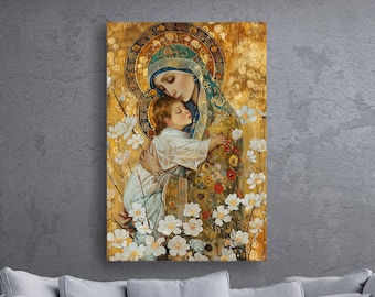 Mary with Baby Jesus Print  | Blessed Virgin Mary, child Canvas | Religious Artwork  | Christian Wall Decor, Contemporary Religious Painting