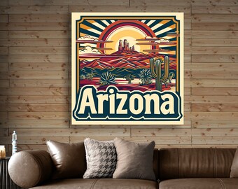 Arizona desert with cactus on sunset Vintage poster, Sonoran Desert Wall Art Framed, Arizona landscape Painting, Wide Canvas Print Desert