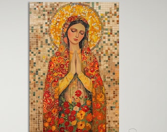 Blessed Virgin Mary Mosaiс Large Canvas | Christian Wall Decor | Poster depicting praying Virgin  |  Mary Mother of Jesus  Art Print