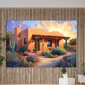 Southwestern Adobe House Canvas Art – Colorful Desert Landscape with Cactus and Sunset Sky, Rustic Wall Décor