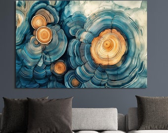 Blue Tree stump with rings, oil painting. Wood grain patterns, texture, artwork. Abstract tree ring, canvas print. Wood with Cracked, natura