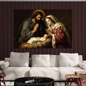Nativity Christmas Scene, Birth of baby Jesus, canvas print.  Mary, Joseph, newborn Jesus in manger at holy night, wall art. Biblical Family