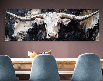 Abstract Longhorn Bull Canvas Wall Art, Modern Rustic Animal Painting, Western Farmhouse Decor for Living Room or Office