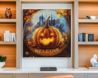 Halloweenpumpa Canvastavla, Gotiskt slott, Vintage Pumpalykta