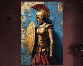 Puede incluir: Pintura digital de una guerrera con armadura dorada, sosteniendo un escudo. La guerrera se encuentra frente a un fondo texturizado azul y dorado. La guerrera lleva una falda roja y un casco con penacho rojo.
