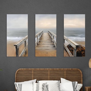 Molo in legno invecchiato, stampa su tela. Paesaggio marino sereno e nebbioso, dipinto a olio. Tranquillo molo di Cocoa Beach, arte murale. Ormeggio sull'oceano Forida, poster