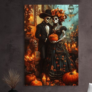 Pareja de esqueletos, con ropa elegante, calabazas, flores de cempasúchil anaranjadas, pintura al óleo. El día de los muertos, Día de los muertos mexicano. La Catrina