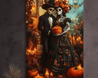 Couple of Skeletons, in smart clothes with pumpkins, orange marigolds, oil painting.  El dia de los Muertos, Mexican Day of Dead. La Catrina