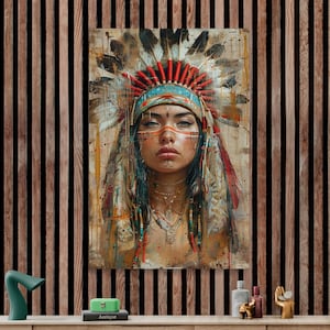 Indian Woman large Canvas Print, Indian Girl in roach from feathers Painting, Indian Warrior Female in warbonnet with painted face Wall Art