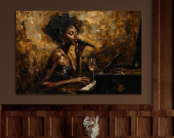 African jazz singer, canvas print. Black woman musician, plays piano painting.  Woman plays music wall art. Vintage Wall decor for jazz club