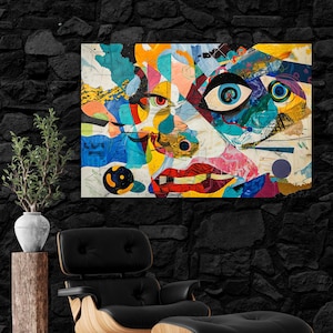 Peinture abstraite du visage. Impression sur toile, Impression sur toile, portrait moderne géométrique d'un humain. Peinture colorée d'avant-garde, surréaliste