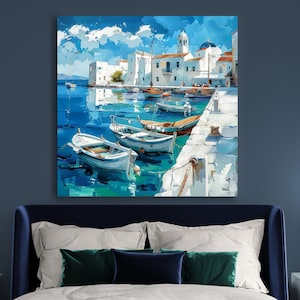 Stampa su tela raffigurante la città bianca greca antica. Paesaggio estivo greco con mare blu, arte murale. Poster di un molo mediterraneo con barche d'epoca e yacht.