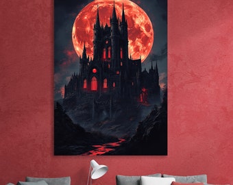 A mystical medieval black castle, in Gothic style, surrounded by a bloody rive, of red moon, canvas print. Dracula&#39;s castle in the full moon