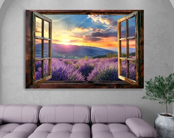 Lavender Field Wall Art  | Artificial open Window Canvas Print with lavender |   Faux Window Painting  | View from open country window