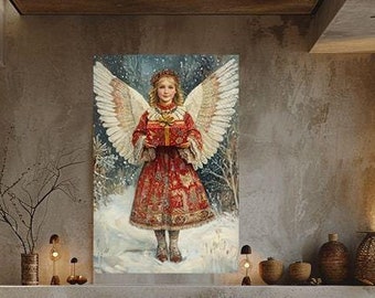 May include: A painting of an angel with wings holding a red gift box in a snowy winter scene. The angel is wearing a red dress with gold trim and white boots. The painting is framed and hanging on a wall in a living room.