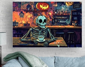 May include: A skeleton sitting at a bar with a cup of coffee in front of it. There are two jack-o-lanterns hanging above the skeleton. The bar is decorated for Halloween.