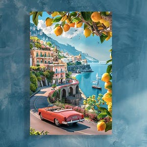 Amalfi Coast Poster | Italian Travel Wall Art | Lemon Tree Print | Vintage Car Artwork | Canva Physical Print