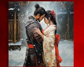 Samurai und Geisha Leinwandkunst - Romantisches Japanisches Paar Wanddekor - Winter Liebesszene Gemälde - Asiatisches Wohndekor