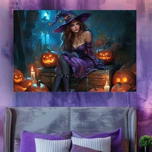 Beautiful red-haired witch in purple dress, canvas print. Jack-o'-lantern simbol of Halloween. Charmer surrounded by glowing carved pumpkin