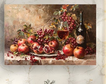 Pomegranate Still Life, canvas print. Elegant Still Life with Pomegranate, grape, red vine. Vintage picture with Fruits and botle of vine