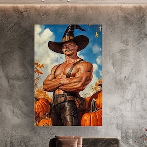 May include: A muscular man wearing a witch hat and leather pants stands in a field of pumpkins. He has a serious expression on his face and his arms are crossed. The background is a blue sky with white clouds.