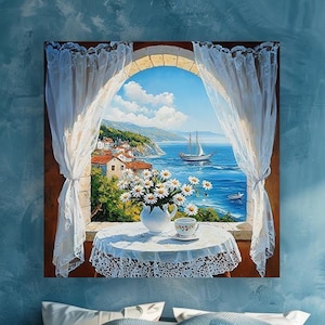 Mediterranean Window View Canvas – Coastal Sea Landscape with Flowers, Sailing Boats and Seaside Village Wall Art