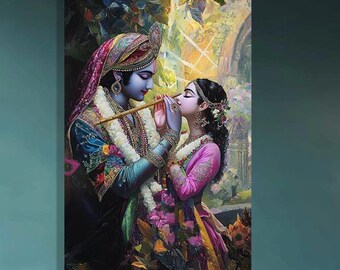 Radha Krishna Romantic Wall Art – Divine Hindu Love Canvas Print, Indian Spiritual Decor for Bedroom or Meditation Space
