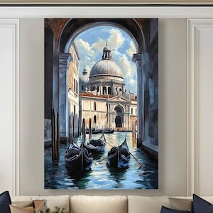 Сhurch Santa Maria della Salute wall art. Italian Architecture, canvas print. Italia oil picture. Basilica gondolas on Grand Canal of Venice