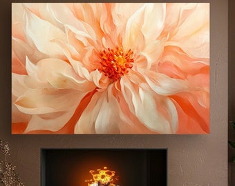 May include: A large abstract painting of a peach-colored flower with a red center. The painting is hanging above a fireplace in a modern living room.