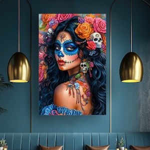 Hermosa morena con flores y maquillaje para Halloween mexicano, La Calavera de la Catrina. Mujer latinoamericana. El día de los Muertos