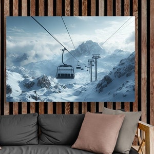 Winter sport. Ski Lift, in the frosty snowy mountain, canvas print. Cable car, funicular, for lifting skiers in Alps, wall art. Ski slopes