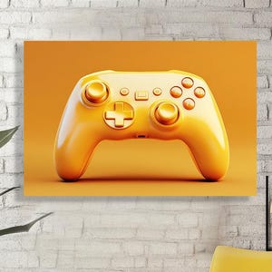 Può includere: Un vivace controller per videogiochi giallo dorato con finitura lucida. Il controller presenta un pad direzionale, pulsanti e levette analogiche. L'immagine è ambientata su uno sfondo giallo abbinato, creando un'estetica moderna. È un accessorio di gioco.