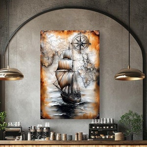 Carte au trésor ancienne avec voilier, impression sur toile. carte pirate vintage avec bateau, boussole, rose des vents, art mural. Carte des aventures, affiche.