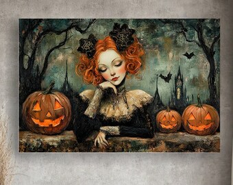 Victorian lady in medieval black dress, among carved pumpkins. Gothic Portrait of red hair woman on dramatic dark background with bats