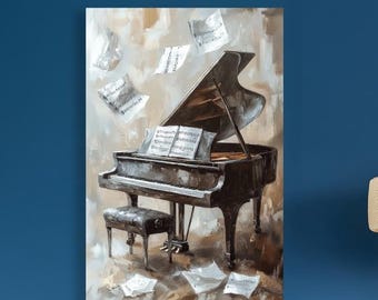May include: A painting of a grand piano with sheet music floating around it. The piano is brown and has a black bench. The background is a light brown color.