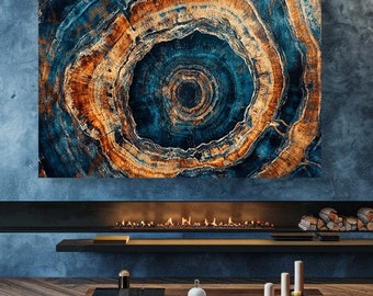 Wood texture with cracks, poster. Wood grain patterns in blue brown, canvas print. Tree stump with rings, oil painting. natural interior