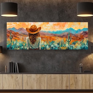 Cowgirl Western Canvas Wall Art – Desert Landscape Painting, Modern Rustic Home Decor, Woman in Hat Looking at Mountains