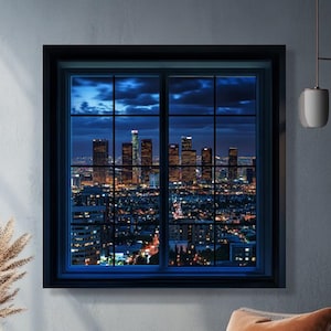 City Skyline Canvas | Urban Night View Wall Art | Modern Window Frame Print