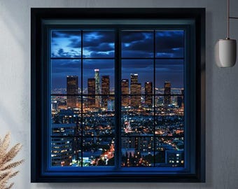 Lienzo con horizonte urbano / Arte mural con vista nocturna urbana / Impresión moderna con marco de ventana