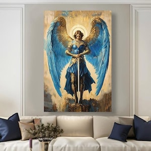 Erzengel Michael in blau mit goldenen großen Flügeln, Ölgemälde. Spiritueller Krieger, Leinwanddruck. Christlicher Heiliger. Oberhaupt der heiligen Armee der Engel