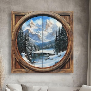 Finestra rotonda con paesaggio invernale, stampa su tela. Vista panoramica della foresta innevata attraverso la finestra in legno. Oblò in chalet di montagna. Fiume ghiacciato
