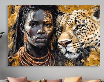 African Woman and Leopard Wall Art – Tribal Portrait Canvas – Wild Animal Painting – African Home Decor – Safari Spirit Artwork