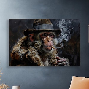 May include: A rectangular wall art print featuring a detailed portrait of a monkey wearing a brown fedora hat and a fur-lined coat. The monkey is holding a lit cigar, with wisps of white smoke rising against a dark, moody, and textured background.
