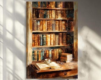 Vintage Bücherregal Leinwanddruck | Alte Bibliothek Ölgemälde Stil Kunst, Akademische Vertikale Wand Dekor, Gemütliche Leseecke Kunst
