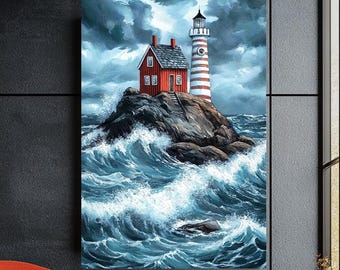 Stormy Lighthouse Canvas | Coastal Wall Art | Nautical Seascape Print | Modern Ocean Decor