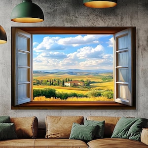 Tuscany Landscape Canvas Wall Art – Open Window View of Italian Countryside with Rolling Hills, Villa, and Sunny Fields