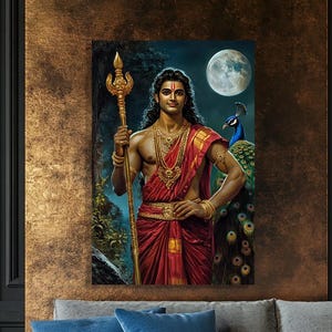 Lord Murugan Leinwand Wandkunst - Hindu Gott mit Pfau und Trishula unter Vollmond - Spirituelles indisches Dekor für Meditation oder Wohnraum